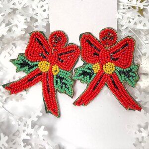 Handmade Beaded Earring, Bow Red and Green